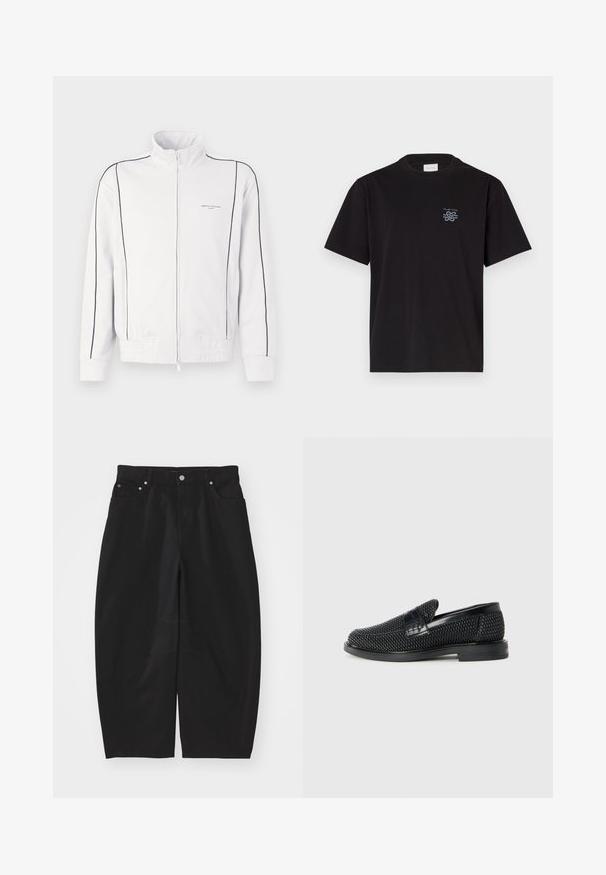 Biała kurtka sportowa na zamek z czarnymi lamówkami na rękawach i przodzie, elastycznym pasem oraz małym logo Armani Exchange na lewej piersi.; Czarny bawełniany t-shirt z okrągłym dekoltem i krótkimi rękawami. Posiada małe niebieskie logo na lewej piersi. Prosty, prosty krój.; Helmut Lang - Jeansy Relaxed Fit; Czarny, pleciony but wsuwany z gładkim skórzanym akcentem na cholewce, o okrągłym nosku i niskoprofilowej gumowej podeszwie.