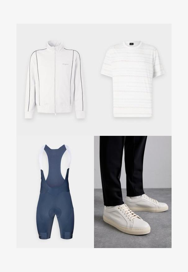 Baltas džemperis ar rāvējslēdzēju, ar melniem akcentiem uz piedurknēm un priekša, elastīga jostasvieta un maza Armani Exchange logo kreisajā krūtī.; Balta T-kreklu ar īsām piedurknēm, ar horizontālām punktētām līnijām gaismā zilā, rozā un melnā krāsā. Klasiska apļa kakla dizains.; Tumši zilas riteņbraukšanas krūšturi ar baltām siksnām, kas aprīkoti ar mīkstu sēdeklīti, gludu faktūru un bez redzamām rakstu vai aparatūras detaļām.; Gai beige ādas kedas ar plakaniem šņorēm, teksturētu virsmu un kontrastējošu krēmkrāsas gumijas zoli, apvienotas ar melniem pieguļošiem biksēm.