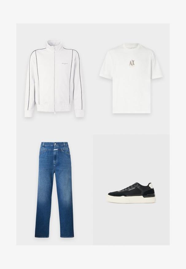 White zip-up track jacket with black piping on sleeves and front, elastic waist, and small Armani Exchange logo on left chest.; White cotton t-shirt with a crew neckline. Features a small beige logo "A|X" and "ARMANI EXCHANGE" printed below. Short sleeves, regular fit.; Blue denim jeans with a straight-leg cut, featuring a button closure, belt loops, and subtle fading on the thighs.; Black sneaker made of mesh and leather, featuring a thick white sole and contrasting accents. Laces and logo detail on the side.