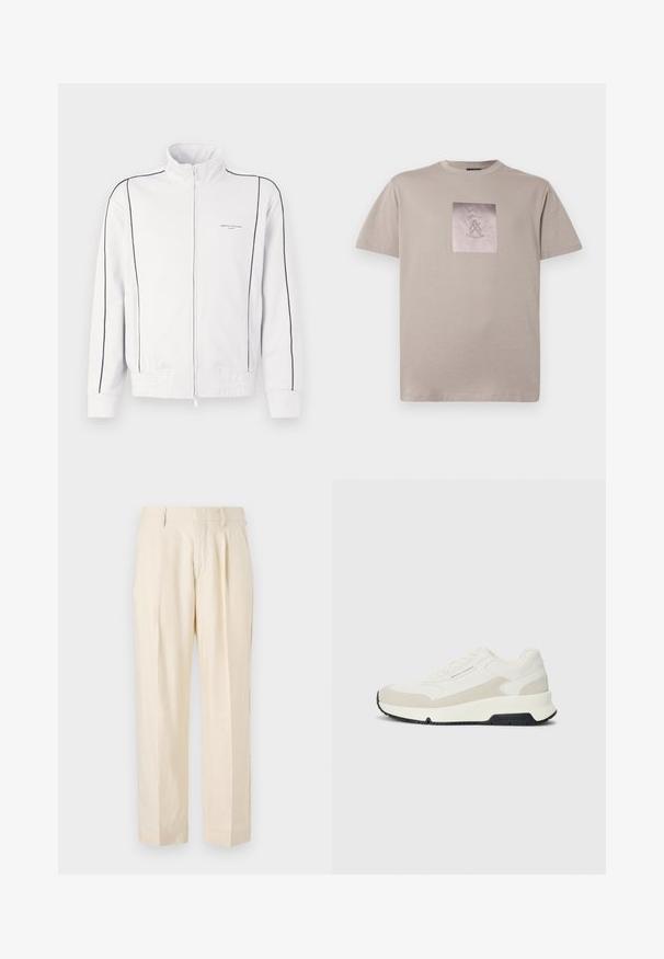 Bijela trenerka s patentnim zatvaračem, s crnim rubovima na rukavima i prednjem dijelu, elastičnim strukom i malim Armani Exchange logom na lijevoj strani grudi.; Bela pamučna majica s rundim izrezom i kratkim rukavima. Ima kvadratni logotip u središtu, sivo tekst i dizajnerske akcentne.; NN.07 KAY - Hlače - off white; Bijele i bež niske tenisice s vezanjem sprijeda, crnim potplatom i "Armani Exchange" logom sa strane i na potplatu.