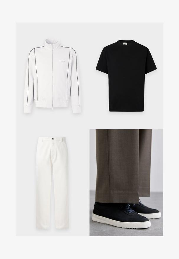 Bílá zipová sportovní bunda s černým lemováním na rukávech a vpředu, elastickým pasem a malým logem Armani Exchange na levém prsu.; Černé bavlněné tričko s kulatým výstřihem, krátkými rukávy a rovný střih. Žádné viditelné vzory ani kovové detaily.; Bílé bavlněné kalhoty s rovnými nohavicemi, předními kapsami, kovovým zapínáním na knoflík a jemnými švy podél švů.; Černé semišové tenisky s bílými gumovými podrážkami, s kulatou špičkou a tkaničkami, obuté s šedými úzkými kalhotami.