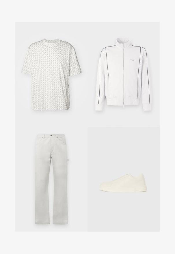 Balta zip-up sportinė striukė su juodais apvadais ant rankovių ir priekyje, elastinga juosmens dalimi ir mažuoju Armani Exchange logotipu kairėje krūtinės pusėje.; Balta marškinėliai su kartojančiu pilku "A" raštu, trumpomis rankovėmis, apvaliu iškirpimu ir laisvu sijonu. Pagaminti iš minkštos medžiagos.; Šviesiai pilkos tiesios pritaikymo kelnės, pagamintos iš lygaus medvilninio audinio, su priekinėmis kišenėmis ir šonine cargo kišene.; Žemi, bežiniai odiniai sportbačiai su apvalia nosimi, minimaliais siūlais ir šoniniu užtrauktuku ant baltos fono.