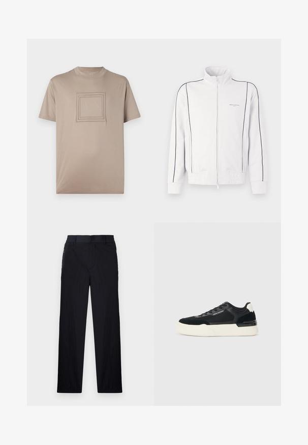 Valge tõmblukkudega spordijakke mustade ääristega varrukatel ja ees, elastne vöökoht ning väike Armani Exchange logo vasakul rinnal.; Beez T-särk lühikeste varrukatega, valmistatud siledast kangast, mille keskosas on ruudukujuline logo koos reljeefsete ristkülikukujuliste äärtidega.; Mustad püksid, millel on kerge, tekstuuriga kangas, sirge jala disain, elastne vöökoht ja küljetaskud sipsiga.; Must musta, mis on valmistatud võrkmaterjalist ja nahast, pakub paksu valget tallat ja kontrastseid aktsente. Paelad ja logo detail külje peal.