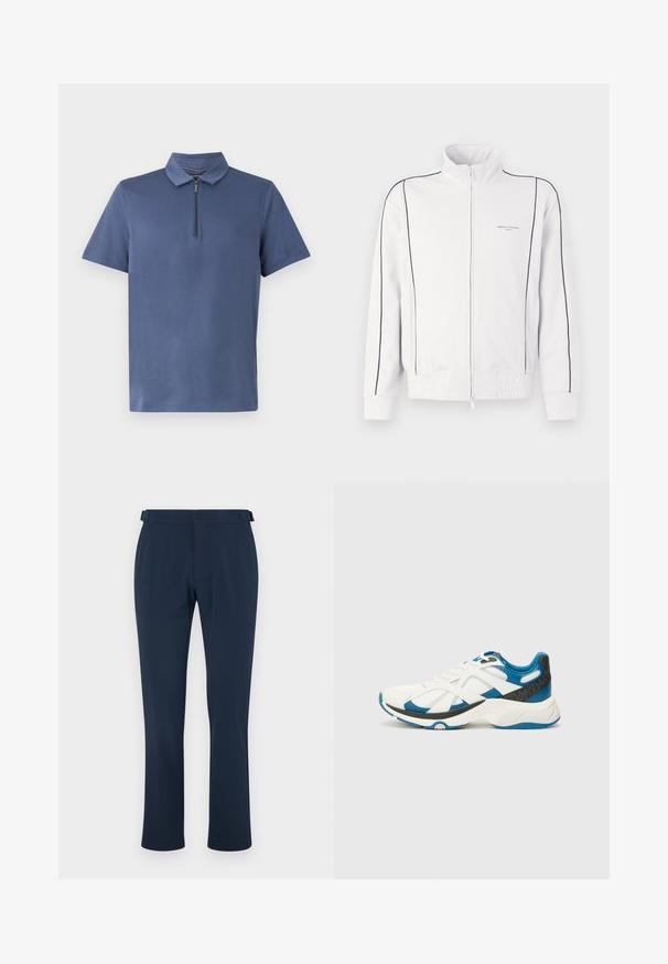 Fehér, cipzáras sportdzseki fekete díszítéssel az ujjakon és elülső részen, rugalmas derékkal, valamint kis Armani Exchange logóval a bal mellen.; Sötétkék pólóing rövid ujjakkal, cipzáras gallérral és sima, könnyű anyaggal. Egyszerű dizájn minta vagy kiegészítők nélkül.; Sötétkék nadrág sima szövetből, egyenes szárú kialakítással, övtartókkal és egyetlen gombbal záródik. Minimalista stílusú, minták nélkül.; Fehér sneaker kék részletekkel, hálós és szintetikus felsőrésszel, texturált szürke sarokkal, kerek orral és párnázott fehér talppal.