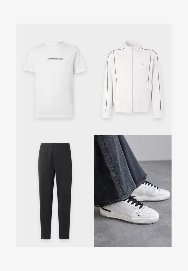 Baltas džemperis ar rāvējslēdzēju, ar melniem akcentiem uz piedurknēm un priekša, elastīga jostasvieta un maza Armani Exchange logo kreisajā krūtī.; Balta kokvilnas T-krekls ar īsām piedurknēm un apaļu kakla izgriezumu. Uz krūtīm ir uzraksts "ARMANI EXCHANGE" treknā melnā tekstā.; Melni sporta bikses, kas izgatavotas no mīkstas auduma, ar elastīgu jostasvietu, taisnām kājām un nelielu logotipa detaļu sānos.; Baltas sneakers ar melnām auklām un sieta detaļām. Iekļauj gludu ādas virsu un strukturētu gumijas zoli. Pāris ar platām pelēkām džinsām.