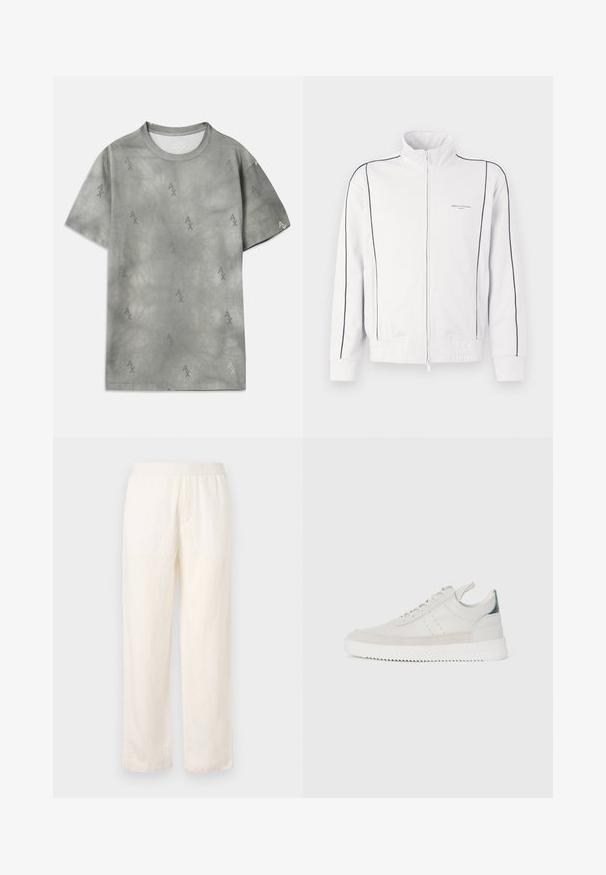 Chaqueta de chándal blanca con cremallera y ribetes negros en las mangas y en el frente, cintura elástica y pequeño logotipo de Armani Exchange en el lado izquierdo del pecho.; Camiseta de algodón gris con un sutil patrón de logo AX, cuello redondo, mangas cortas y un corte relajado. Textura suave con un estilo ligeramente desgastado.; Pantalones ligeros de color crema con cinturilla elástica, diseño de pierna recta y textura sutil. No cuenta con bolsillos visibles.; Zapatillas de cuero blancas con acentos de ante gris, diseño con cordones, asa de tirón y suela de goma texturizada con un patrón en zigzag.