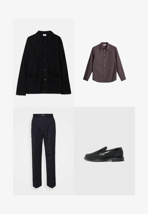 Fekete gombos zakó, gallérral, két elülső zsebbel és textúrált anyagból. Az elején öt gomb található.; Sötétbarna gombos ing texturált anyagból. Különleges színnel rendelkezik, gallérral, hosszú ujakkal és hat gombbal az elején.; Fekete, egyenes szárú, szabott nadrág sima anyagból, elöl gombos záródással és két oldalsó zsebbel.; Fekete szőtt slip-on cipő sima bőr díszítéssel a felsőrészen, kerek orral és alacsony profilos gumitalppal.