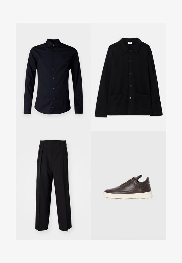 Fekete gombos zakó, gallérral, két elülső zsebbel és textúrált anyagból. Az elején öt gomb található.; Fekete, hosszú ujjú ing sima anyagból, hegyes gallérral, elöl gombos záródással és ívelt szegéllyel ellátott, karcsú fazonban.; Fekete, pliszírozott nadrág, egyenes, széles lábakkal. Sima anyagból készült, gombos záródással és övhurkokkal rendelkezik.; Sötétbarna, texturált bőr sneaker, fűzős elejével és fehér, bordázott gumitalpával egy sima világos háttér előtt.
