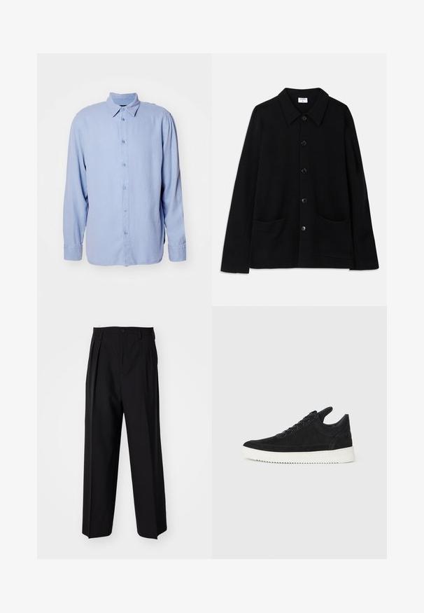 Crna jakna na dugme s ovratnikom, dva prednja džepa i teksturiranim materijalom. Ima pet dugmadi sprijeda.; Svijetloplava košulja s dugim rukavima, izrađena od meke tkanine, s klasičnim ovratnikom i prednjim zatvaračem na dugmad. Minimalistički dizajn, bez uzoraka.; Crne plisirane hlače s ravnim širokim nogavicama. Izrađene od glatkog materijala, s dugmadi za zatvaranje i petljama za remen.; Crne nubuk tenisice s bijelim gumenim potplatom, s toniranim šavovima i dizajnom vezanja. Glatka tekstura s modernim, strujnim oblikom.