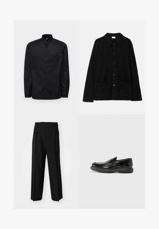 Veste noire à boutons, avec un col, deux poches à l'avant et un tissu texturé. Dotée de cinq boutons sur le devant.; Chemise noire à manches longues avec col mao, fermeture à boutons sur le devant et texture en coton lisse. Aucun motif ni accent supplémentaire visible.; Pantalons plissés noirs avec un design droit et large. Fabriqués en tissu lisse, avec une fermeture à bouton et des passants de ceinture.; Mocassin en cuir noir avec une finition brillante, bout arrondi, détails de couture subtils et semelle en caoutchouc épaisse pour la durabilité.