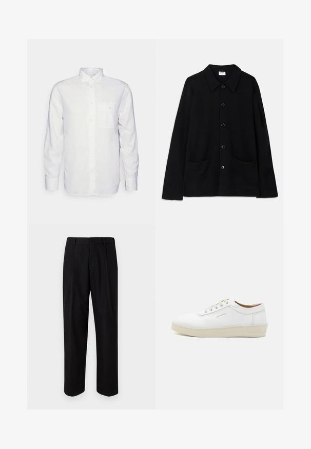 Sort button-up jakke med krave, to forlommer og struktureret stof. Har fem knapper foran.; Langærmet hvid skjorte lavet af bomuld, med en knap-down krave, brystlomme og almindelig pasform. Struktureret stof med en glat overflade.; Sorte skræddersyede bukser med et lige ben-design, glat stofstruktur og en mellemhøj talje med bæltesløjfer.; Hvide lædersneakers med en tekstureret overflade, rund tå, beige gummisål og seks grå snøreøjer, med subtil branding på siden.