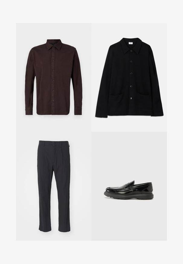 Must mustert jakk mustriga kraega, kahe esitasku ja tekstureeritud kangaga. Esiküljel on viis nuppu.; Tumepruun pikakäisteline särk, mis on valmistatud koe kangast. Omab nööbitavat kaelust, esistikku mustade nuppudega ja nööbitavaid mansette.; Mustad plisseeritud püksid tekstureeritud kangast, sirge säärega disain ja tavaline vöökoht. Nähtavaid taskuid või metallosadeta.; Must musta nahk loafer läikiva viimistlusega, ümar varvas, delikaatsed õmblusdetailid ja paks kummist tallad vastupidavuse tagamiseks.