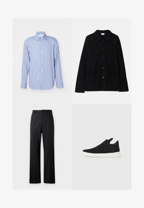 Black button-up jacket with a collar, two front pockets, and a textured fabric. Features five buttons down the front.; Blue and white striped shirt, collared, long sleeves, button front, soft fabric, features buttoned cuffs, and evenly spaced vertical stripes.; Black straight-leg trousers with belt loops, front button, and zipper closure, displayed against a plain white background.; Black suede sneaker with a white rubber sole, featuring tonal stitching and lace-up design. Smooth texture with a modern, streamlined shape.