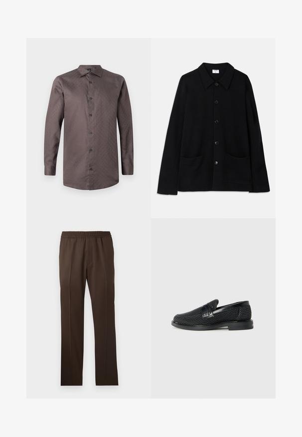 Juodas mygtukų užsegamas švarkas su apykakle, dviem priekinėm kišenėm ir tekstūruota medžiaga. Priekyje yra penki mygtukai.; Ruda ilga rankovėmygtukinė marškinė su subtiliu raštu. Turi standartinį apykaklę ir juodus mygtukus, pagaminti iš glotnaus audinio.; Rudos, tiesiai supjaustyti kelnių su elastinga juosmeniu ir vientisa audinio tekstūra; turi aštrias raukšles priekyje.; Juodas pintas slip-on tipo batelis su lygiu odiniu akcentu viršuje, apvalios nosies dizainas ir žemas guminis padas.