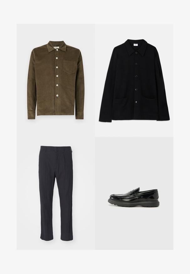 Casaco preto de botão com colarinho, duas pockets frontais e um tecido texturizado. Apresenta cinco botões na frente.; Camisa de cordura verde-oliva com gola, botões à frente, mangas longas e um bolso no peito. Tecido texturizado com riscas verticais.; Calças pretas plissadas em tecido texturizado, com um design de perna reta e cintura padrão. Sem bolsos ou peças de metal visíveis.; Mocassim de couro preto com acabamento brilhante, bico arredondado, detalhes de costura subtil e sola de borracha espessa para durabilidade.