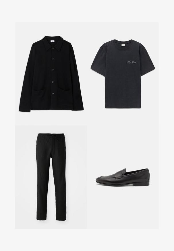 Casaco preto de botão com colarinho, duas pockets frontais e um tecido texturizado. Apresenta cinco botões na frente.; T-shirt preta de manga curta, com decote redondo e pequeno logótipo branco "Filling Pieces" no lado esquerdo do peito.; Calças de linho pretas com cintura elástica e cordão. Design de perna reta e textura suave. Adequadas para uso casual.; Sapatilha masculina em couro preto, com salto baixo e um design clássico com tira de moeda, apresentada em perfil lateral sobre um fundo branco.