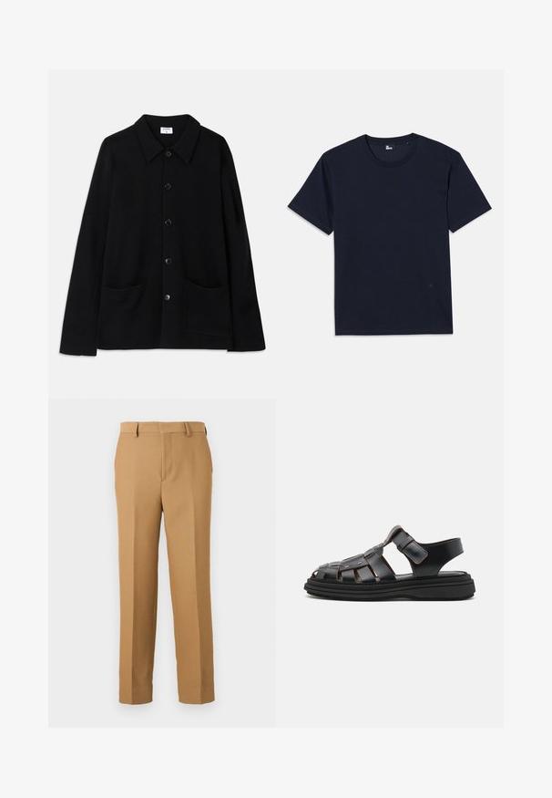 Casaco preto de botão com colarinho, duas pockets frontais e um tecido texturizado. Apresenta cinco botões na frente.; T-shirt de algodão azul marinho com mangas curtas, decote redondo e detalhes de costura minimalistas. Design simples, sem padrões ou acentos visíveis.; Calças de fato bege, feitas de um tecido entrelaçado, com corte straight, frente lisa e passantes para cinto. Textura suave sem padrões visíveis.; Sandalas de couro preto com um design trançado, apresentando correias ajustáveis, detalhes metálicos e uma sola preta grossa para estabilidade.