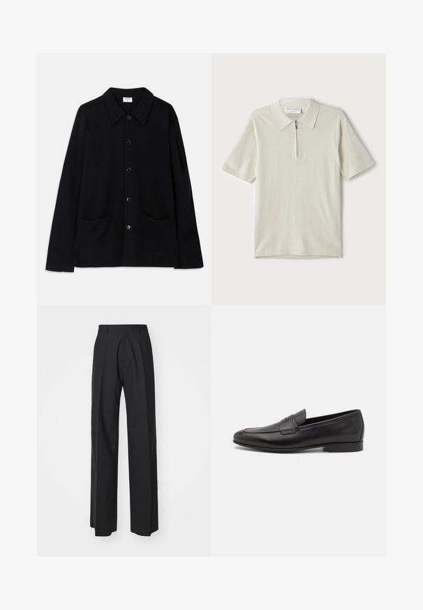 Casaco preto de botão com colarinho, duas pockets frontais e um tecido texturizado. Apresenta cinco botões na frente.; Polo de manga curta em bege claro com colarinho com fecho. Feito de um tecido suave, apresenta um design simples e moderno, sem padrões.; DSQUARED2 ICON ICON PANT - Calças - black; Sapatilha masculina em couro preto, com salto baixo e um design clássico com tira de moeda, apresentada em perfil lateral sobre um fundo branco.