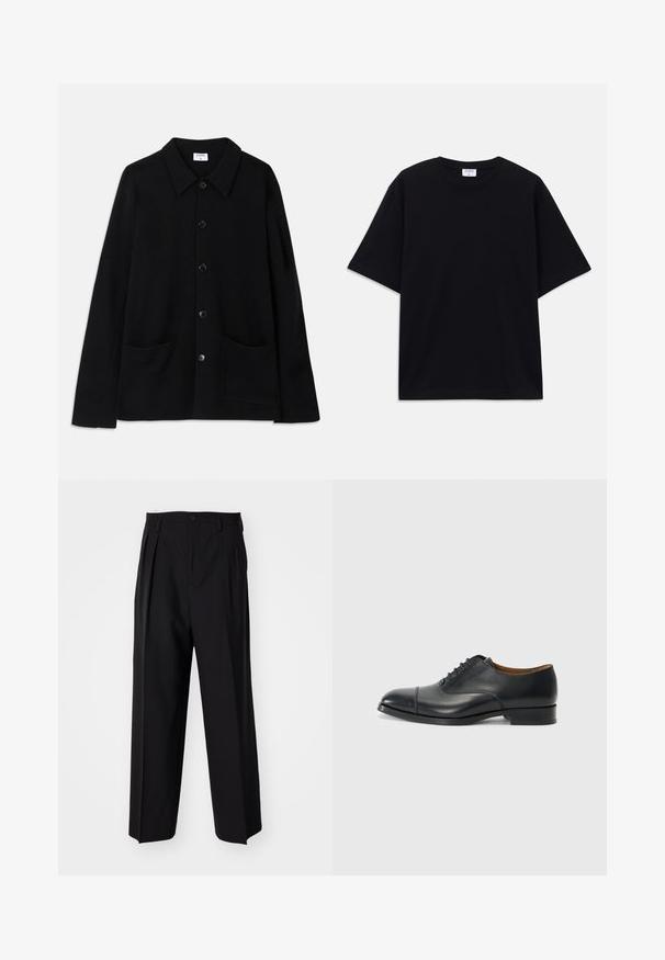 Jachetă neagră cu butoni, cu guler, două buzunare frontale și o țesătură texturată. Are cinci butoane pe față.; Tricou oversized cu mânecă scurtă, de culoare neagră, cu decolteu rotund și etichetă Filippa K vizibilă în interiorul gulerului.; Pantaloni negri plisat cu un design drept și pantaloni largi. Construiți dintr-un material neted, prevăzuți cu închidere cu nasture și bucle pentru curea.; Pantof de piele neagră, cu un finisaj neted, vârful rotunjit, cinci găuri pentru sireturi și toc mic pătrat. Design minimalist cu cusături subtile.