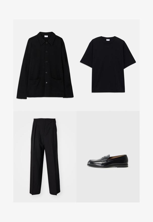 Black button-up jacket with a collar, two front pockets, and a textured fabric. Features five buttons down the front.; Black short-sleeve oversized T-shirt with round neckline and visible Filippa K brand label inside the collar.; Black pleated trousers with a straight, wide-leg design. Made from smooth fabric, featuring a button closure and belt loops.; Leather loafers in black with a smooth finish, rounded toe, decorative stitching, and a small metal accent on the front.