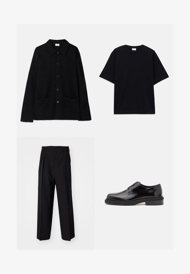 Schwarze Jacke mit Knopfleiste und Kragen, zwei vorderen Taschen und strukturierter Stoff. Verfügt über fünf Knöpfe auf der Vorderseite.; Schwarzes, oversized T-Shirt mit kurzen Ärmeln und rundem Ausschnitt, mit sichtbarem Filippa K Markenlabel im Kragen.; Schwarze, plissierte Hose mit geradem, weitem Bein. Hergestellt aus glattem Stoff, mit Knopfverschluss und Gürtelschlaufen.; J.LINDEBERG RYKER SQUARE TOE DERBY - Schnürer - black