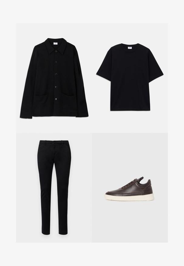 Veste noire à boutons, avec un col, deux poches à l'avant et un tissu texturé. Dotée de cinq boutons sur le devant.; T-shirt noir à manches courtes oversize avec un col rond et une étiquette de marque Filippa K visible à l'intérieur du col.; Chinos noirs à coupe slim, en tissu de coton. Dotés de passants de ceinture, de poches avant et d'une texture lisse. Aucun motif visible.; Baskets en cuir texturé brun foncé avec un dessus à lacets et une semelle en caoutchouc blanc striée sur un fond clair et uni.