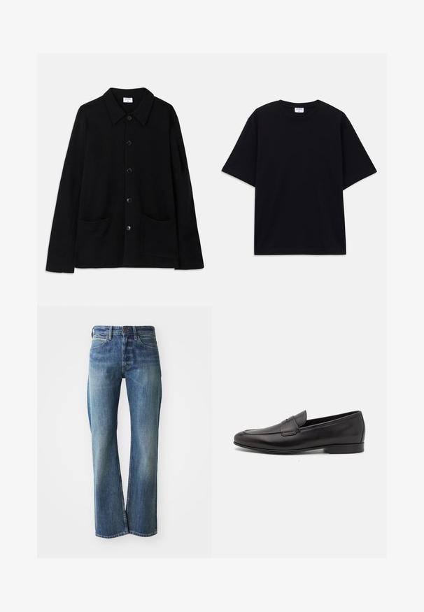 Chaqueta negra de botones con cuello, dos bolsillos frontales y una tela texturizada. Presenta cinco botones en la parte delantera.; Camiseta oversized de manga corta en negro con escote redondo y etiqueta de la marca Filippa K visible en el interior del cuello.; Vaqueros de mezclilla en un color azul claro a medio, con corte recto, diseño clásico de cinco bolsillos y un sutil desgaste en la parte frontal.; Mocasín negro de cuero para hombres con un tacón bajo y un diseño clásico de cinta para monedas, mostrado en perfil lateral sobre un fondo blanco.