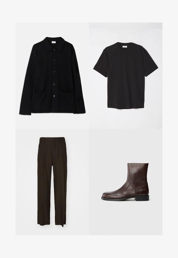 Čierna sako s golierom, dvoma prednými vreckami a štruktúrovanou tkaninou. Má päť gombíkov na prednej strane.; Čierne bavlnené tričko s okrúhlym výstrihom, krátkymi rukávmi a voľným strihom. Jednoduchý dizajn, hladká textúra a žiadne viditeľné vzory ani logá.; Hnedé široké nohavice z textúrovanej tkaniny s vysokým pásom a prednými záhybmi. Rovné nohavice s čistými, upravenými okrajmi.; Hnedé kožené členkové botas so hladkou textúrou, zaoblenou špičkou, minimálnym prešitím a plochou čiernou gumovou podrážkou.