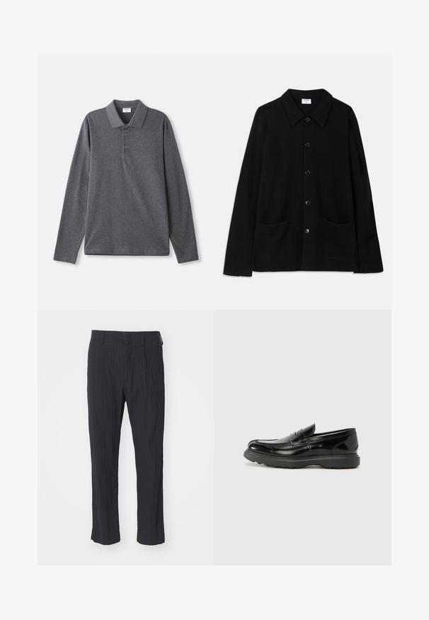 Veste noire à boutons, avec un col, deux poches à l'avant et un tissu texturé. Dotée de cinq boutons sur le devant.; Polo à manches longues en coton gris foncé, avec un col classique, une patte de boutonnage à trois boutons et une coupe décontractée. Texture lisse.; Pantalons noirs plissés en tissu texturé, présentant une coupe droite et une ceinture standard. Pas de poches ni de matériel visible.; Mocassin en cuir noir avec une finition brillante, bout arrondi, détails de couture subtils et semelle en caoutchouc épaisse pour la durabilité.
