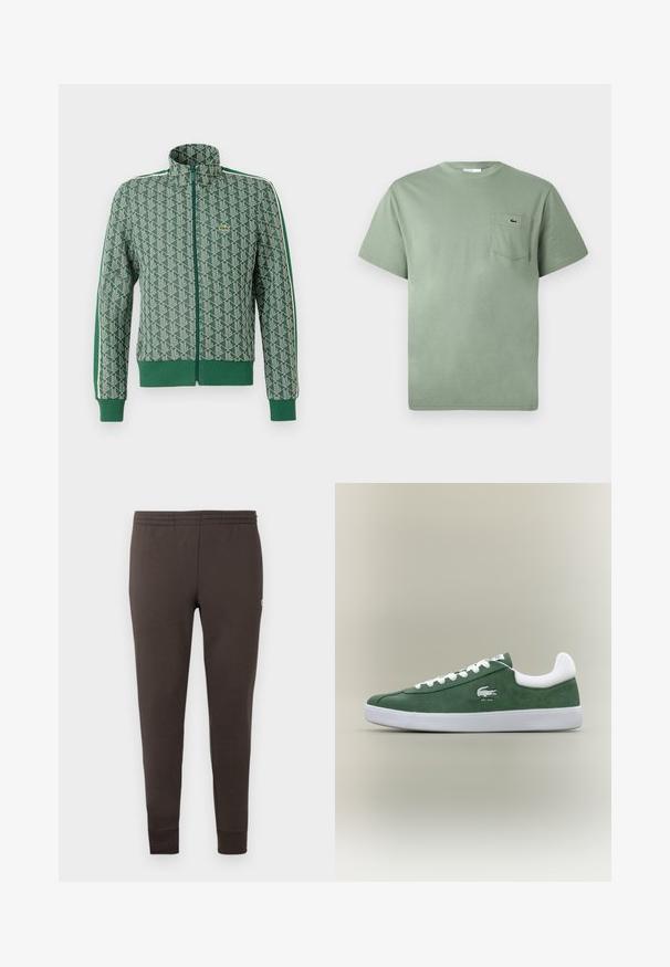 Zaļš jaku ar rāvējslēdzēju, kurai ir ģeometrisks raksts, ribotas aproces un apakšmala, kā arī kontrastējošs svītrojums gar pleciem.; Gaiši zaļš īsām piedurknēm kokvilnas T-krekls ar krūšdaļas kabatu, uz kuras ir mazs izšūts krokodila logotips.; Tumši brūni sporta bikses, kas izgatavotas no mīkstas auduma. Tām ir elastīga josta un sašaurinātas piedurknes. Minimālisma dizains bez rakstiem.; Zema profila zaļie zamša sporta apavi ar baltām šņorēm, baltu zoli, polsterētu papēža apkakli un izšūtu krokodila logo ar tekstu "EST. 1933".