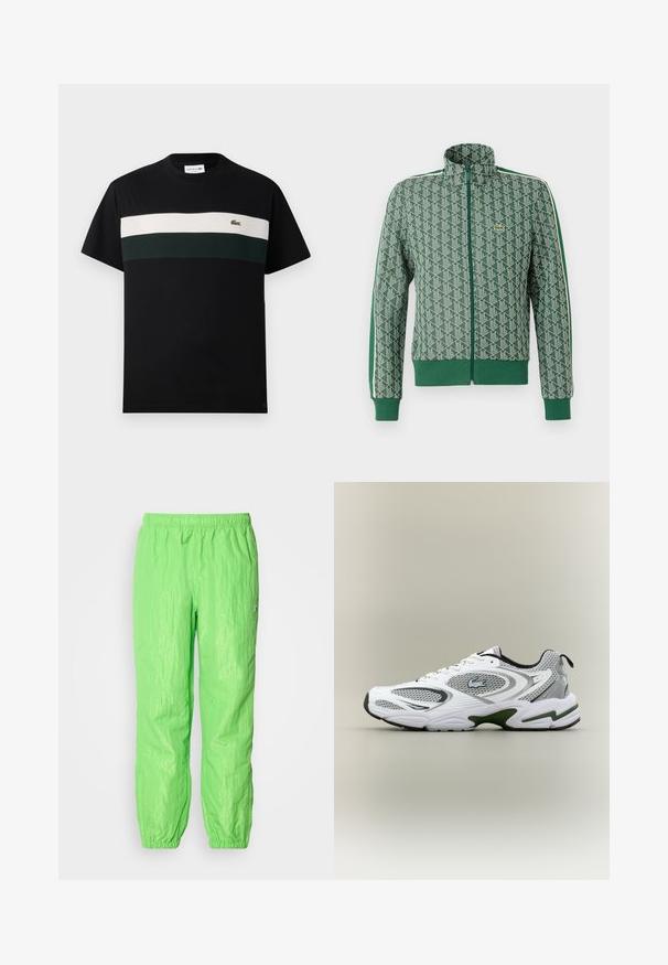 Zelená zipová bunda s geometrickým vzorem, žebrovanými manžetami a lemem, a kontrastním pruhovaným designem na ramenou.; Černé tričko vyrobené z bavlny s kulatým výstřihem, s horizontálním pruhem v krémové a tmavě zelené barvě přes hrudník a malým logem.; Neonově zelené lehké kalhoty s elastickým pasem, s mírně pomačkanou texturou a staženými manžetami na kotnících.; Bílé a šedé sportovní běžecké boty s síťovinovými panely, zelenými akcenty, černými detaily a logem na straně, zobrazené z vnější strany.