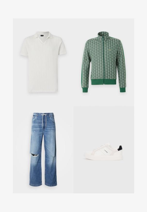 Zöld cipzáras dzseki geometrikus mintával, bordázott mandzsettákkal és heméllyel, valamint a vállak mentén kontrasztos csíkos dizájnnal.; Fehér bordás, rövid ujjú pólóing V nyakkal és hajtott gallérral. Simább textúra, függőleges mintázattal. A gallér belső oldalán található címke szerint "JOOP!"; Világoskék farmernadrág laza szabással, fehér húzózsinóros derékpánttal, a elején jellegzetes szakításokkal, amelyeken cérnával szelektált szélek láthatók.; Fehér sportcipők világos rózsaszín és fekete részletekkel, sima bőrből és velúrból készült panelek, kerek orr és lapos gumitalp.