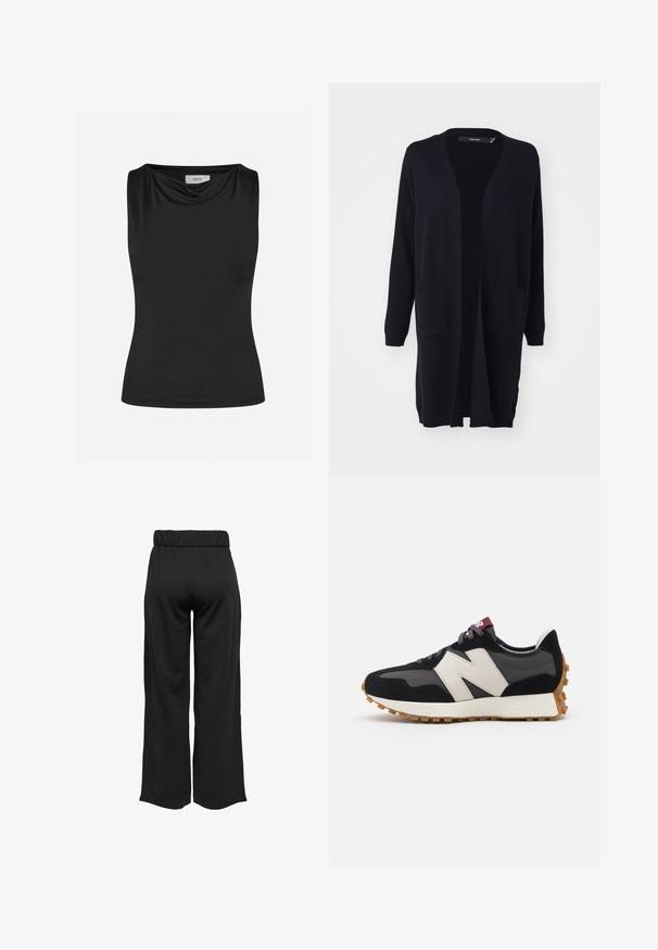 Black, long-sleeve cardigan made of soft fabric, featuring an open front design, two front pockets, and ribbed cuffs and hem.; Envii SCORPION - Top - black; Black, wide-leg pants with an elastic waistband, made from smooth fabric. Features a clean design with no pockets or visible stitching details.; Black and gray suede sneaker with a large cream-colored "N" logo, purple laces, and a textured gum rubber outsole.