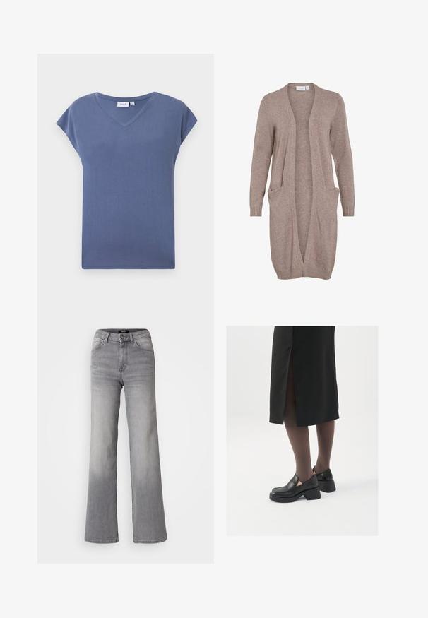 Μακριά, ανοιχτή μπλούζα σε απαλό μπεζ πλέξη. Διαθέτει δύο μπροστινές τσέπες, ριμπ μανίκια και χαλαρή εφαρμογή. Ελαφρύ, υφασμένο ύφασμα.; T-shirt με V-λαιμόκοψη και κοντά μανίκια σε μουλωχτό μπλε χρώμα, κατασκευασμένο από μαλακό βαμβακερό υλικό με απαλό ύφασμα και χαλαρή εφαρμογή.; Γκρι τζιν παντελόνι με ψηλή μέση και κατ' ευθεία γραμμή, που έχει κουμπί και φερμουάρ μπροστά, μπροστινές και πίσω τσέπες, καθώς και ξεθωριασμένη σκίαση στους μηρούς και τις γάμπες.; Μαύρα δερμάτινα παπούτσια με στρογγυλή μύτη, χοντρό τετράγωνο τακούνι και ελαστικές πλάγιες λεπτομέρειες, συνδυασμένα με σκούρες καλσόν και μια μαύρη φούστα με σχίσιμο.