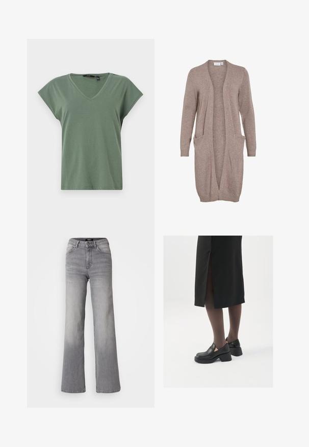 Garšs, vaļējs priekšauts softa beīgu dzijā. Iespējas divas priekšējās kabatas, ribota aproces un brīva piegriezuma. Viegls, teksturēts audums.; Olive zaļš T-krekls ar V-veida kakla izgriezumu un īsām piedurknēm, izgatavots no mīkstas auduma. Piedāvā brīvu piegriezumu un tīru dizainu bez redzamām logo.; Augsti vidukļa taisnas kājas pelēkas džinsa bikses ar priekšējo pogu un rāvējslēdzēju, priekšējām un aizmugurējām kabatām, kā arī izbalinātiem toņiem uz augšstilbiem un teļiem.; Melni ādas apavi ar noapaļotu purngalu, biezām bloku papēžiem un elastīgiem sānu akcentiem, apvienoti ar tumšām zeķubiksēm un melnu svārku ar šķirbu.