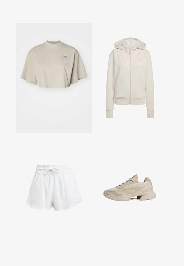 Light grey zip-up hoodie made of soft fabric. Features a double-layered hood, ribbed cuffs, and discreet logo on the upper left chest.; Cropped, short-sleeve t-shirt in light beige cotton. Features a high neck and black circular logo on the left chest area.; White athletic shorts with an elastic waistband and adjustable drawstring. Made from lightweight material, featuring side pockets and a loose fit.; Beige athletic shoes with mesh and synthetic materials, featuring a curved sole, layered design, and subtle yellow accents.