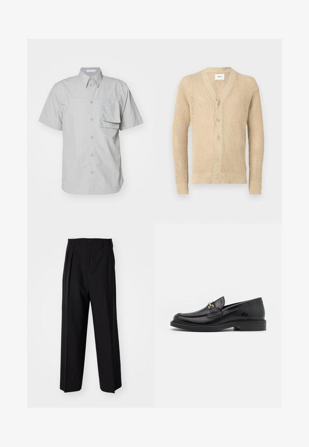 Beige gestrickte Cardigan mit V-Ausschnitt, vorderen Knöpfen und langen Ärmeln. Verfügt über ein strukturiertes Muster im gesamten Stoff.; Kurzarmpoloshirt in hellgrau, mit Knopfverschluss und einer Tasche; aus einem strukturierten Stoff gefertigt; mit klassischem Kragen und Standardknöpfen.; Schwarze, plissierte Hose mit geradem, weitem Bein. Hergestellt aus glattem Stoff, mit Knopfverschluss und Gürtelschlaufen.; Schwarze Lederleter mit einer abgerundeten Zehenpartie, ausgestattet mit goldenen Hardwareakzenten und Stichdetails, auf einer niedrigen, strukturierten Gummisohle.