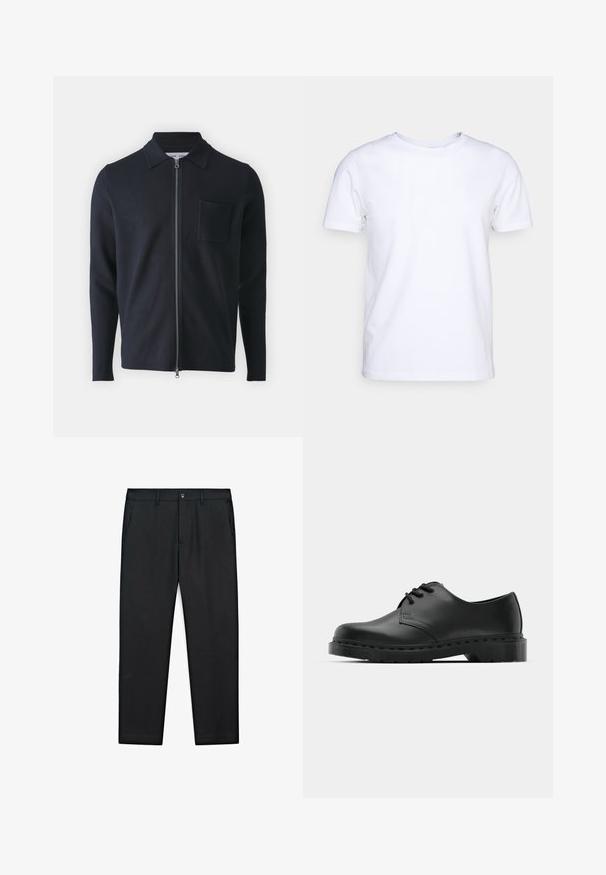 Maglione blu navy con zip, caratterizzato da un colletto, maniche lunghe e una tasca sul petto. Realizzato in un tessuto morbido con una consistenza liscia.; T-shirt bianca a maniche corte in cotone con scollatura rotonda. Design semplice senza fantasie o accenti. Texture liscia.; Pantaloni neri con taglio dritto, realizzati in tessuto morbido, con due tasche laterali e chiusura con bottone frontale.; Scarpa oxford in pelle nera con design con lacci, punta arrotondata, suola piatta in gomma e dettagli di cucitura discreti lungo la parte superiore.