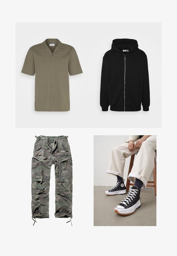 Zwarte ritshoodie met een trekkoord capuchon, voorzakken, geribbelde manchetten en een soepele stoftextuur. Centraal merketiket zichtbaar aan de binnenkant.; Korte mouwen shirt in olijfgroen, met een textuurstof, knoopsluiting, puntige kraag en twee voorzakken.; Witte katoenen t-shirt met korte mouwen, ronde hals, relaxte pasvorm en zonder zichtbare logo's of patronen. Gladde textuur en minimalistisch ontwerp.; Camo cargobroek in groen en grijs, met meerdere zakken, een elastische tailleband, verstelbare enkels en een relaxte pasvorm.; Zwarte hoge sneakers met witte veters en een rubberen teenkap. Dikke witte zool met een gestructureerde bruine loopzool, gedragen met marineblauwe gestreepte sokken.