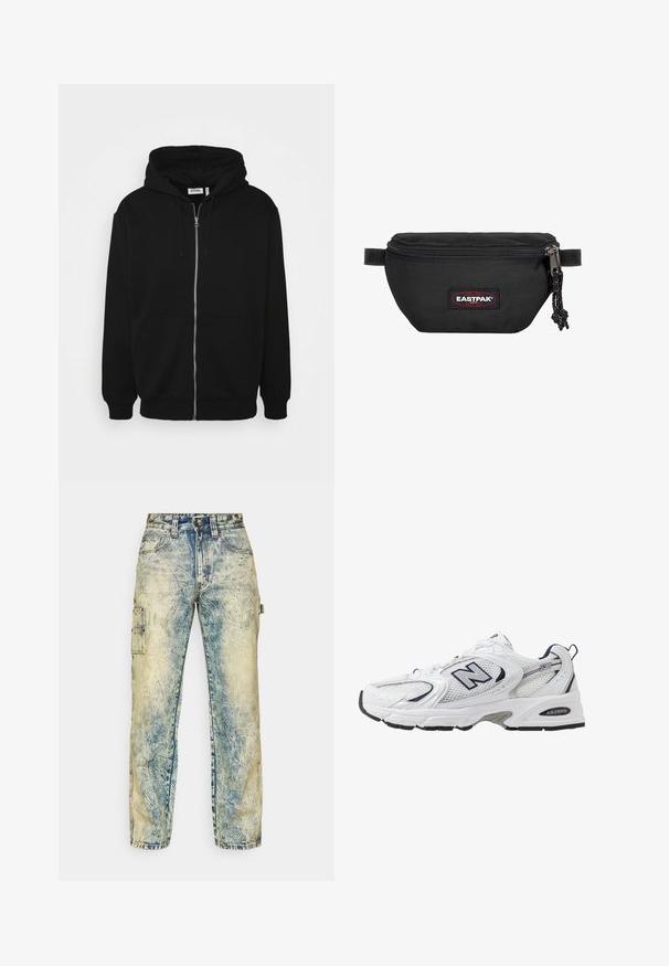 Černá mikina na zip s kapucí na šňůrku, předními kapsami, žebrovanými manžetami a hladkým povrchem látky. Ve středu je viditelná brandingová štítek uvnitř.; Žluté bavlněné oversized tričko s krátkým rukávem, které má na přední straně bílé podpisové logo a kulatý výstřih.; Volné cargo kalhoty z vybledlého modrého denimu, s několika kapsami, viditelným prošíváním a opotřebovanou strukturou s lehkými záhyby.; Bílé sportovní boty s textilním svrškem, námořnickými akcenty a polstrovanou podrážkou. Obsahují logo "N", tkaničky a texturovaný detail na boku.; Černá ledvinka vyrobená z odolné tkaniny, s uzavíráním na zip, nastavovacími popruhy a červeným a černým logem na přední straně.