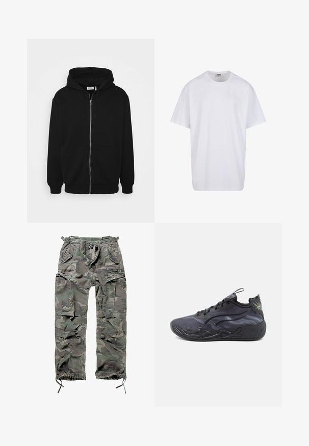 Crna zip-up majica s kapuljačom na vezanje, prednjim džepovima, rebrastim manžetama i glatkom teksturom tkanine. Središnja oznaka brenda vidljiva iznutra.; Bijela pamučna majica s kratkim rukavima, zaobljenim izrezom, opuštenog kroja, bez vidljivih logotipa ili uzoraka. Glatka tekstura i minimalni dizajn.; Zelena i siva kamuflažna cargo hlače s više džepova, elastičnim pojasom, podesivim manžetama na gležnjevima i ležernim krojem.; Crne atletske cipele s teksturiranim gornjim dijelom, elegantnim dizajnom i oblikovanom potplatom. Imaju suptilne uzorke i dekorativni detalj na peti.
