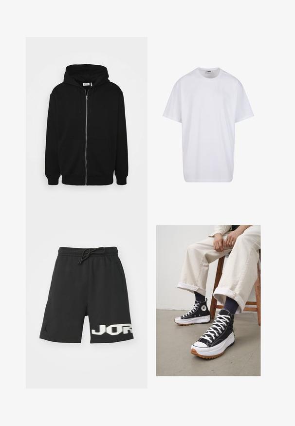 Svart zip-up hoodie med dragsko på huvan, framfickor, ribbade ärmslut och en mjuk tygtextur. Central märkespanel synlig inuti.; Vit bomull t-shirt med korta ärmar, rundad halsringning, avslappnad passform och utan synliga logotyper eller mönster. Slät textur och minimal design.; Jordan Träningsbyxor - black; Höga svarta sneakers med vita snörningar och gummitå. Tjock vit sula med en texturerad brun yttersula, bärs med marinblå randiga strumpor.