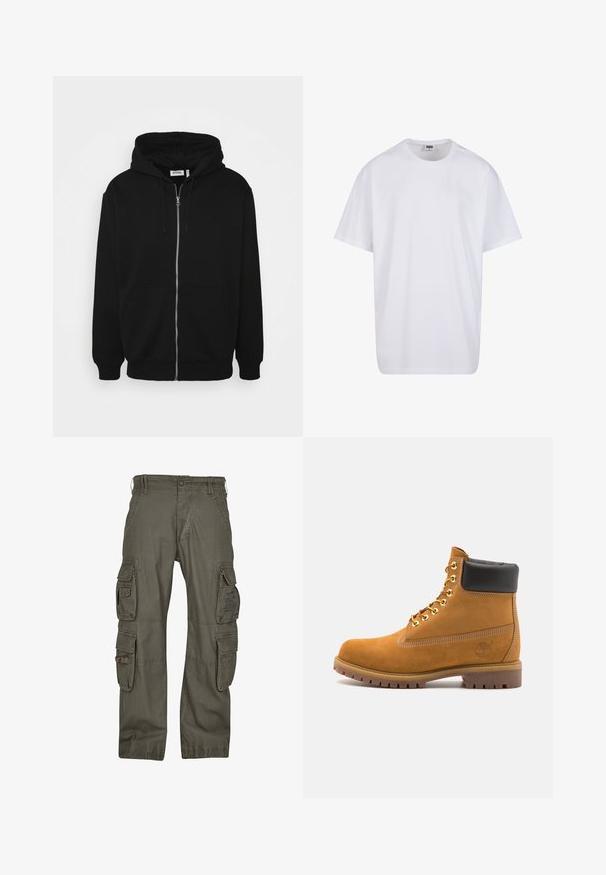 Juodas užtraukiamas džemperis su reguliuojamu gobtuvu, priekinėmis kišenėmis, raištelių rankovėmis ir lygiu audinio paviršiumi. Viduje matoma centrinė prekės ženklo etiketė.; Balta medvilninė marškinėlių užsagėlė su trumpomis rankovėmis, apvaliu kaklu, laisva forma ir be matomų logotipų ar raštų. Lygi tekstūra ir minimalus dizainas.; Krovinių kelnės iš alyvuogių žalios medvilnės, su keliais šoninėmis kišenėmis, laisvo silueto ir sustiprintais siūlais ilgaamžiškumui.; Tan spalvą turintys suknelės batus iki kulkšnies su juodu paminkštintu apvadu, auksiniais metaliniais akių užsegimais, baltais siūlų dekoratyviniais elementais ir tvirtu guminiu padu su ryškiai išreikštais raštais.