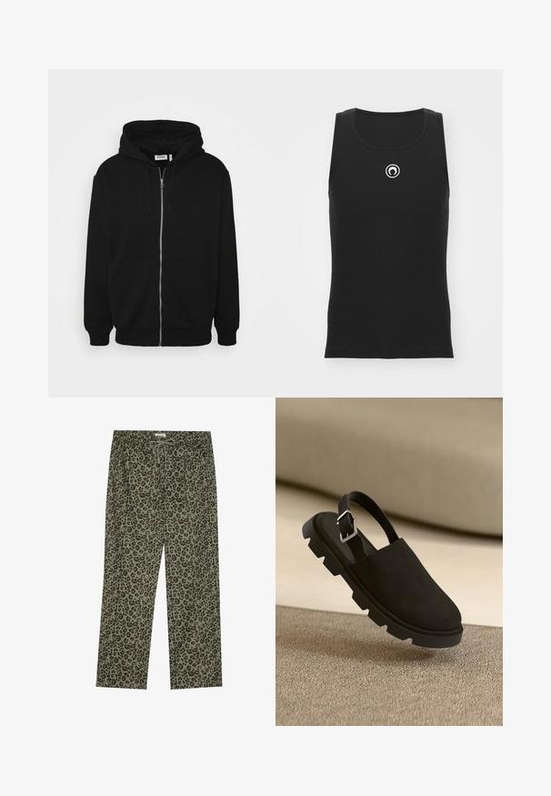 Musta vetoketjullinen huppari, jossa on kiristettävä huppu, etutaskut, ribatut hihansuut ja sileä kangas. Keskellä näkyvä brändilogo etiketissä.; Musta ribbed-hihaton paita, jossa on pyöreä kaula-aukko ja valkoinen ympyrälogo rinnassa; sisältää kapean leikkauksen.; Olvivihko leopardikuosiset housut, pehmeästä kankaasta, joustavalla vyötäröllä ja kiristysnyörillä säädettävää istuvuutta varten.; Mustasukka nahkainen slingback-kenkä, jossa on paksu, teksturoitu pohja ja hopeinen solkipieni. Tyylikäs muotoilu, joka on minimalismin ytimessä ja leijuu teksturoidun pinnan yläpuolella.