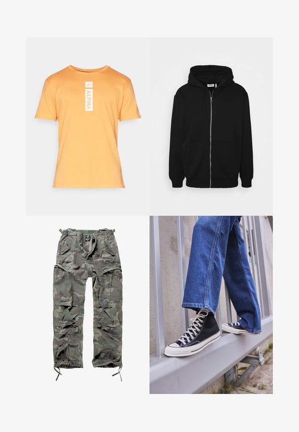 Zwarte ritshoodie met een trekkoord capuchon, voorzakken, geribbelde manchetten en een soepele stoftextuur. Centraal merketiket zichtbaar aan de binnenkant.; Korte mouwen, oranje T-shirt van katoen met een ronde hals. Voorzien van een verticale witte "ALPHA" grafiek aan de voorkant.; Camo cargobroek in groen en grijs, met meerdere zakken, een elastische tailleband, verstelbare enkels en een relaxte pasvorm.; Zwarte hoge sneakers met witte zool en veters, gecombineerd met losse blauwe denim jeans, rustend op een grijze leuning.