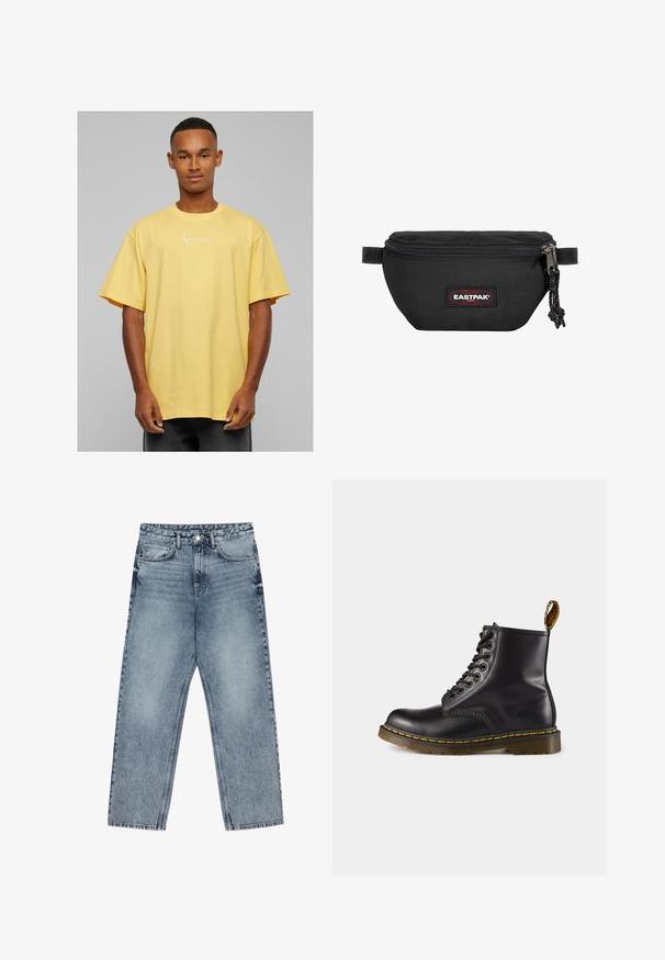 Černá mikina na zip s kapucí na šňůrku, předními kapsami, žebrovanými manžetami a hladkým povrchem látky. Ve středu je viditelná brandingová štítek uvnitř.; Žluté bavlněné oversized tričko s krátkým rukávem, které má na přední straně bílé podpisové logo a kulatý výstřih.; Světle modré džíny z denimu se střihom rovnými nohavicemi, viditelným šitím, designem s pěti kapsami a knoflíkovým zapínáním v pase.; Černé kožené kotníkové boty s žlutým prošíváním, šněrováním na přední části, zaoblenou špičkou a texturovanou gumovou podrážkou. Obsahují poutko na zadní straně.; Černá ledvinka vyrobená z odolné tkaniny, s uzavíráním na zip, nastavovacími popruhy a červeným a černým logem na přední straně.