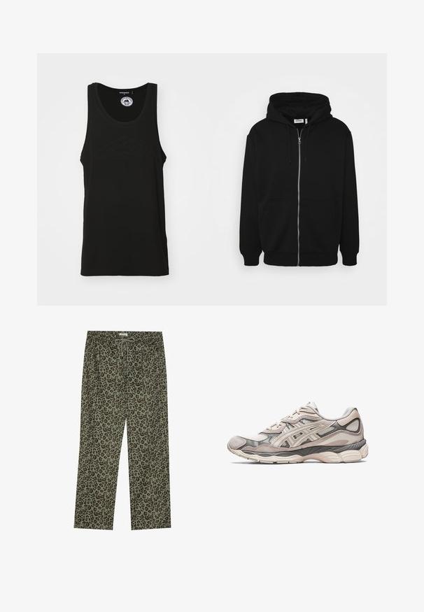 Črna zip-up kapuca z vrvico pri kapuci, sprednjimi žepi, rebrastimi manšeti in gladkim materialom. Osrednja oznaka blagovne znamke je vidna znotraj.; Črn brezrokavnik iz bombaža s krožnim izrezom in reliefnim logotipom na sprednji strani. Čist, minimalističen dizajn.; Hlače z leopardjim vzorcem v olivno zeleni barvi, narejene iz mehkega materiala, z elastičnim pasom in vrvico za prilagodljivo prileganje.; Svetlo sivi atletski čevelj z zgornjim delom iz mreže in semiša. Ima oblazinjen podplat, izrazite sloje in strukturirano zasnovo.