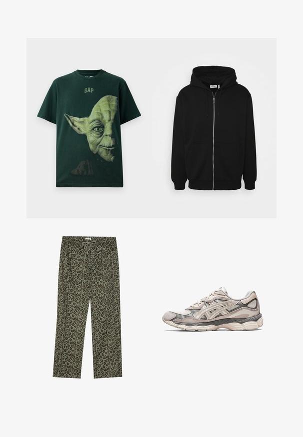 Black zip-up hoodie with a drawstring hood, front pockets, ribbed cuffs, and a smooth fabric texture. Central branding tag visible inside.; Green cotton t-shirt featuring a large graphic of a character's face, with "GAP" text above in yellowish-green font.; Leopard print pants in olive green, made of soft fabric, with an elastic waistband and drawstring closure for an adjustable fit.; Light gray athletic shoe with a mesh and suede upper. Features a cushioned sole, pronounced overlays, and a structured design.