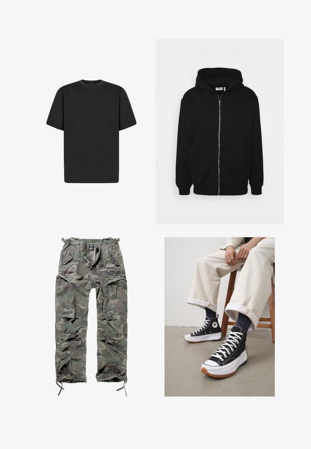 Fekete cipzáras kapucnis pulóver húzózsinórral, elülső zsebekkel, bordázott mandzsettákkal és sima anyagtextúrával. Középső márkázási címke látható belül.; Fekete, rövid ujjú póló kerek nyakkivágással és laza szabással. Simaság jellemzi, minimális dizájnnal és látható logók nélkül.; Zöld és szürke kamuflázs cargo nadrág, több zsebbel, rugalmas derékpánttal, állítható bokarészekkel és laza szabással.; Fekete magas szárú tornacipő fehér fűzővel és gumi orral. Vastag fehér talp, texturált barna talppal, tengerészkék csíkos zoknival viselve.