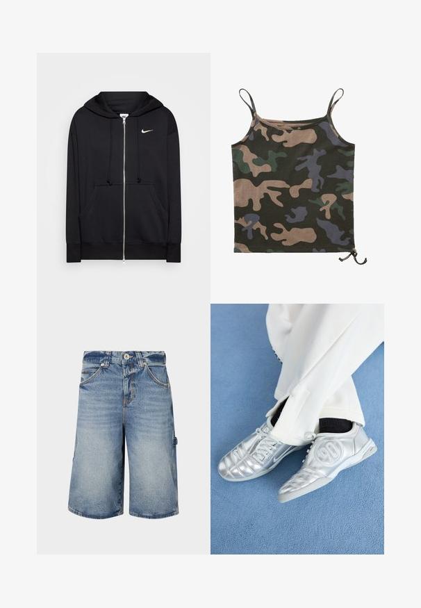 Fekete, cipzáros kapucnis pulóver puha anyagból, kapucnival, elülső zsebekkel, bordázott mandzsettákkal és egy kis fehér Nike logóval a mellkason.; Brandit Felső - darkcamo; Világoskék, laza fazonú farmer rövidnadrág. Jellemzői közé tartozik a gombos záródás, övbújtatók, valamint több zseb, látható varrással.; Ezüst sportcipők sima, fényes felülettel, varrott mintázattal és a 90-es számmal az oldalán, fehér nadrággal párosítva.